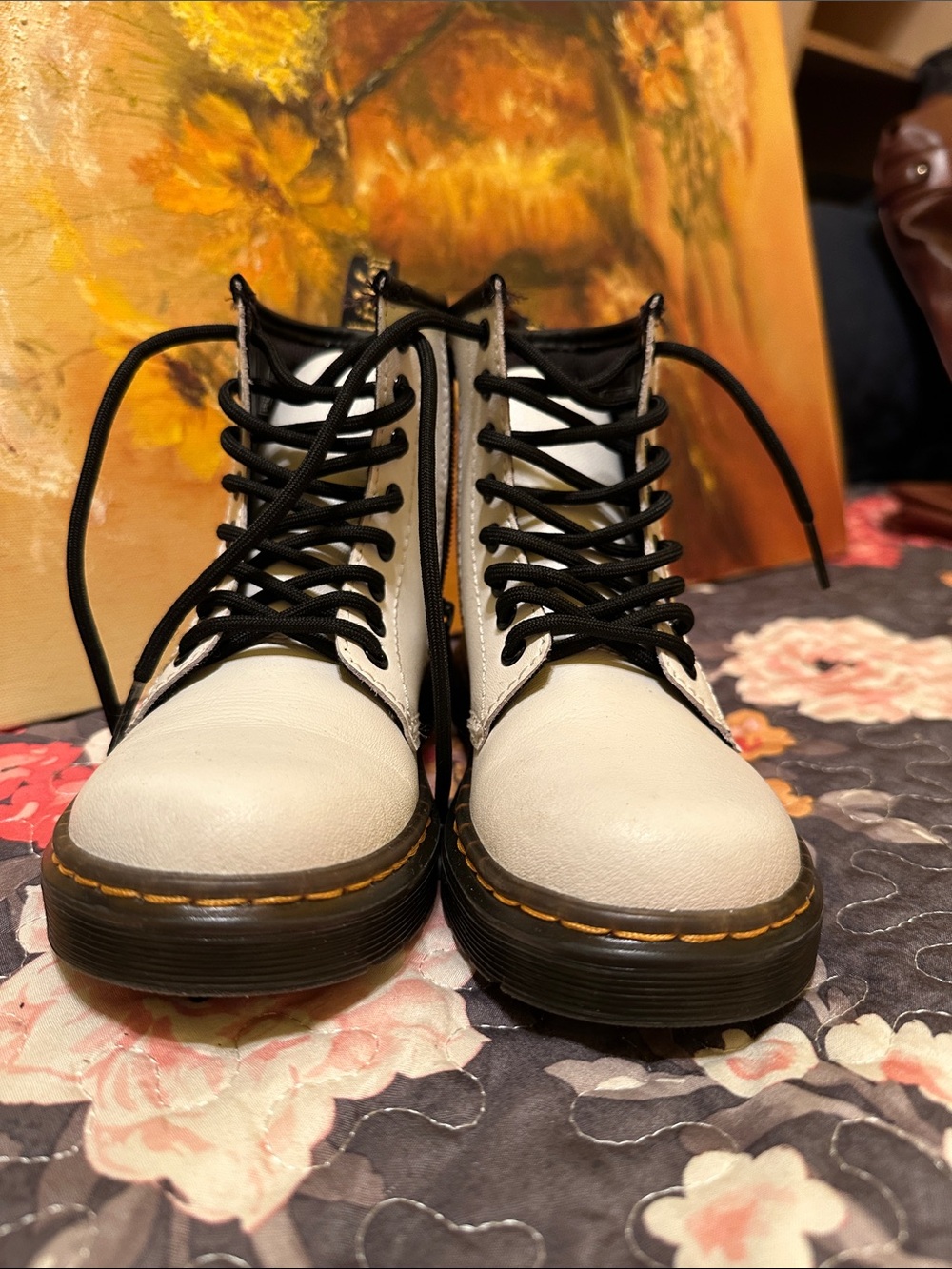 Dr. Martens White Lace-Up Combat Boots with Black Laces sz 12
